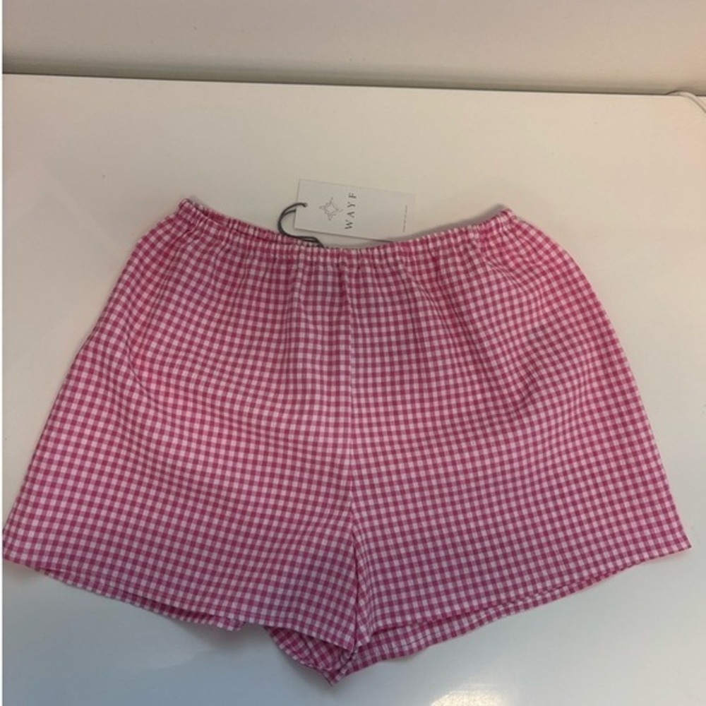 WAYF Pink Gingham Women's Shorts stretchy waist Sz XS NEW NWT pocket Nordstrom - Picture 3 of 9